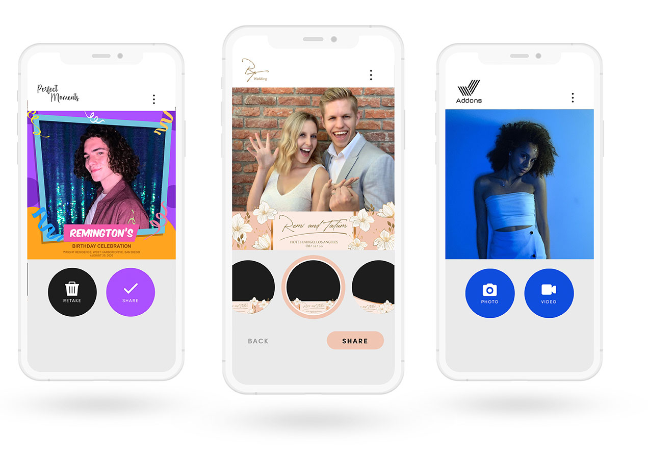 Three phones showcasing the set up of the virtual photo booth.